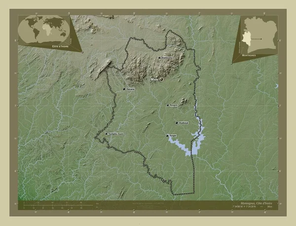 Montagnes Elefántcsontparti Körzet Magassági Térkép Színes Wiki Stílusban Tavak Folyók — Stock Fotó