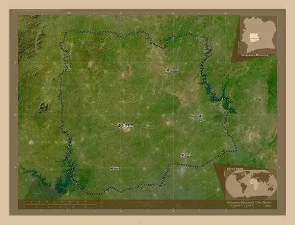 Sassandra Marahoue District Van Ivoorkust Lage Resolutie Satellietkaart Locaties Namen — Stockfoto
