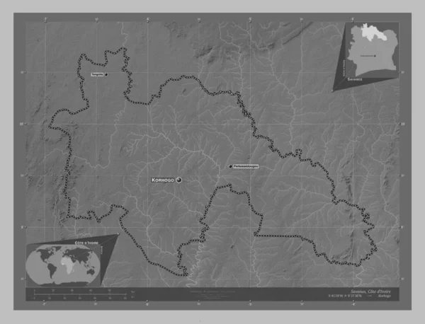 Savanes Distrito Costa Marfil Mapa Elevación Escala Grises Con Lagos —  Fotos de Stock