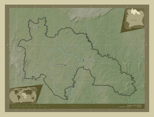Savanes Elefántcsontpart Magassági Térkép Színes Wiki Stílusban Tavak Folyók Régió — Stock Fotó