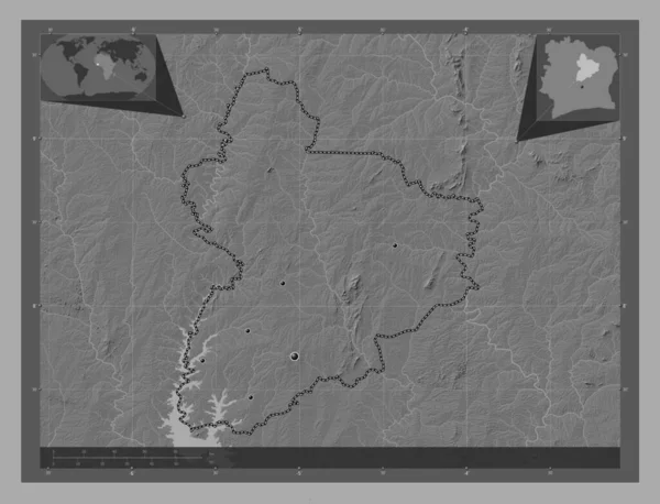 ヴァレー バンダマ ディヴォワール県の県 湖や川と二階の標高マップ 地域の主要都市の場所 コーナー補助位置図 — ストック写真