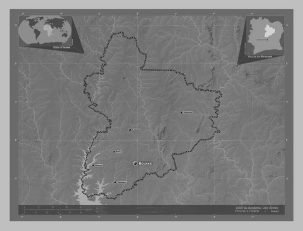 Vallee Bandama District Cote Ivoire Grayscale Elevation Map Lakes Rivers — Stock Photo, Image