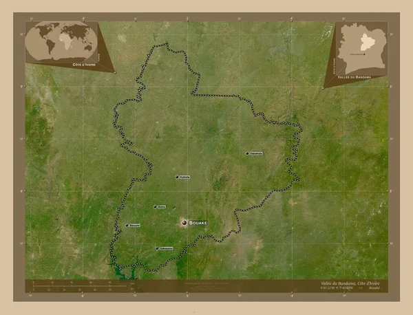 Vallee Bandama 科特迪瓦区 低分辨率卫星地图 该区域主要城市的地点和名称 角辅助位置图 — 图库照片