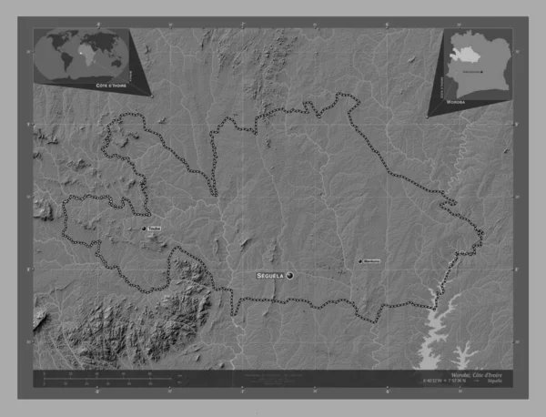 Woroba Okręg Wybrzeża Kości Słoniowej Dwupoziomowa Mapa Jeziorami Rzekami Lokalizacje — Zdjęcie stockowe