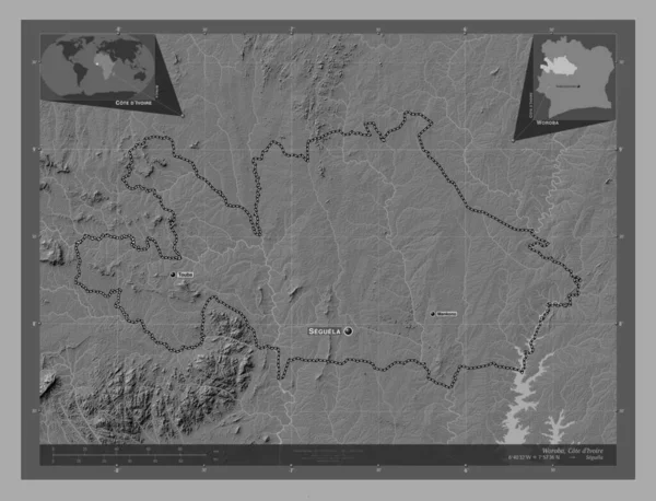Woroba District Van Ivoorkust Hoogteplattegrond Met Meren Rivieren Locaties Namen — Stockfoto