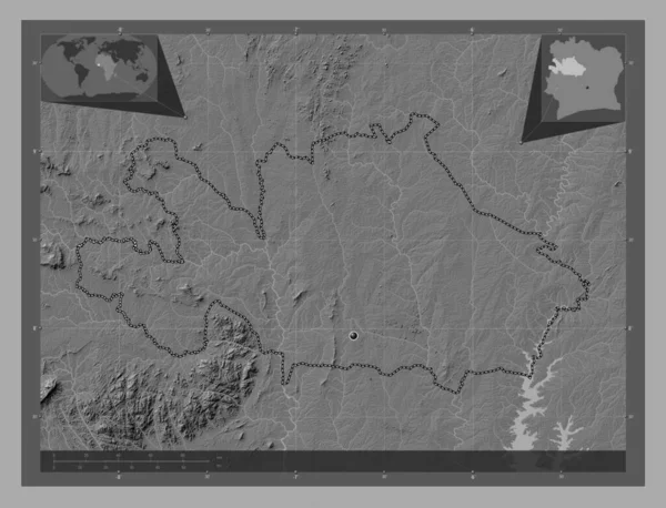 Woroba, Cote d 'Ivoire bölgesi. Göllü ve nehirli çift katlı yükseklik haritası. Köşedeki yedek konum haritaları