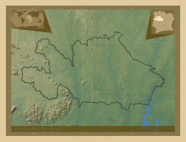 ウボバ ディヴォワールの地区 湖や川と色の標高マップ 地域の主要都市の場所 コーナー補助位置図 — ストック写真