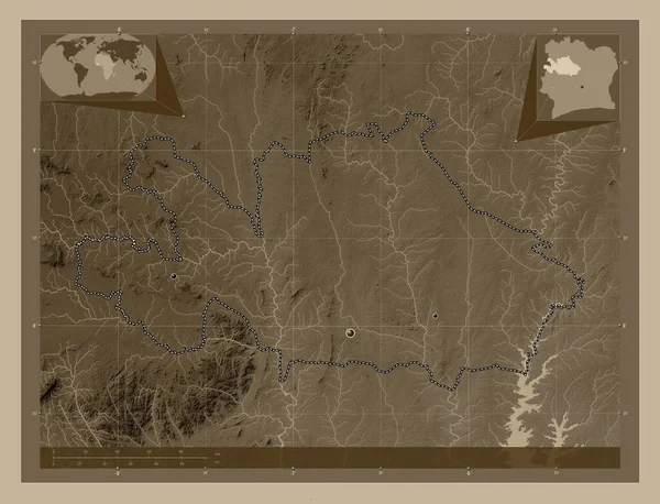 Woroba District Cote Ivoire Elevation Map Colored Sepia Tones Lakes — Stock Photo, Image