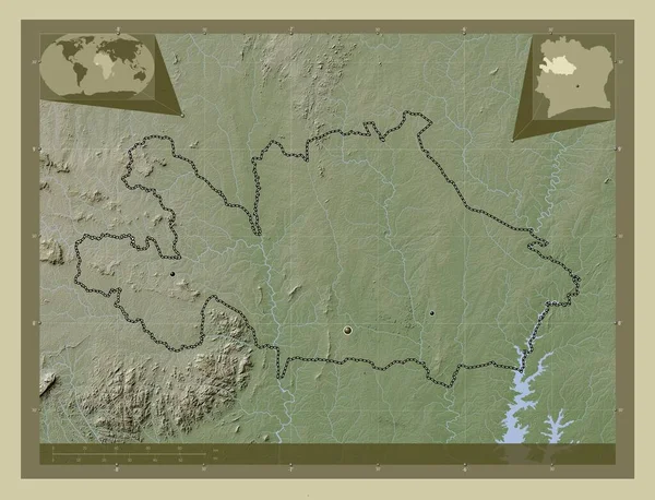 Woroba 科特迪瓦地区 用Wiki风格绘制的带有湖泊和河流的高程地图 该区域主要城市的所在地点 角辅助位置图 — 图库照片