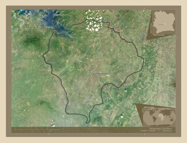 Yamoussoukro ディヴォワールの自治区 高解像度衛星地図 地域の主要都市の位置と名前 コーナー補助位置図 — ストック写真