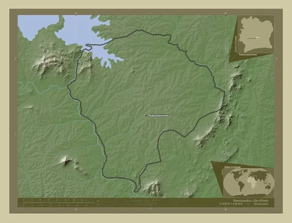Yamoussoukro 科特迪瓦自治区 用Wiki风格绘制的带有湖泊和河流的高程地图 该区域主要城市的地点和名称 角辅助位置图 — 图库照片