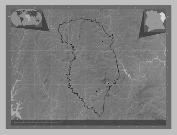Zanzan Elefántcsontparti Körzet Szürkeárnyas Térkép Tavakkal Folyókkal Régió Nagyvárosainak Elhelyezkedése — Stock Fotó
