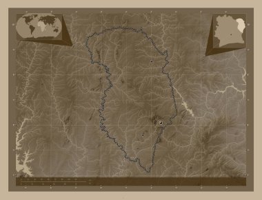 Zanzan, Cote d 'Ivoire bölgesi. Yükseklik haritası sepya tonlarında göller ve nehirlerle renklendirilmiş. Bölgenin büyük şehirlerinin yerleri. Köşedeki yedek konum haritaları