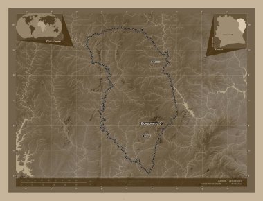 Zanzan, Cote d 'Ivoire bölgesi. Yükseklik haritası sepya tonlarında göller ve nehirlerle renklendirilmiş. Bölgenin büyük şehirlerinin yerleri ve isimleri. Köşedeki yedek konum haritaları