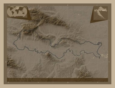 Brodsko-Posavska, Hırvatistan ilçesi. Yükseklik haritası sepya tonlarında göller ve nehirlerle renklendirilmiş. Köşedeki yedek konum haritaları