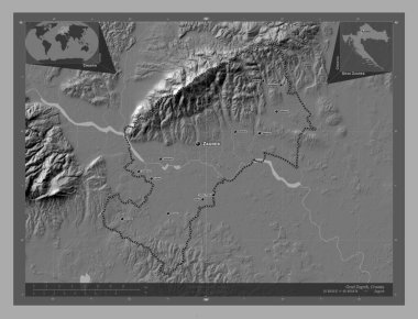 Grad Zagreb, Hırvatistan şehri. Göllü ve nehirli çift katlı yükseklik haritası. Bölgenin büyük şehirlerinin yerleri ve isimleri. Köşedeki yedek konum haritaları