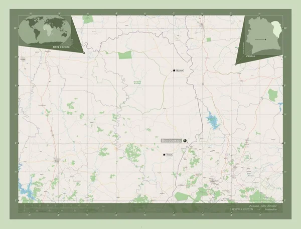 Zanzan District Côte Ivoire Ouvrir Carte Routière Emplacements Noms Des — Photo
