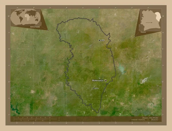 Zanzan District Van Ivoorkust Lage Resolutie Satellietkaart Locaties Namen Van — Stockfoto
