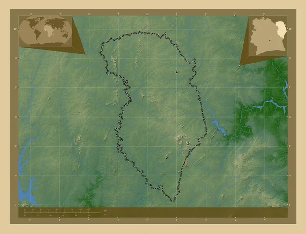 ザンサン ディヴォワール県 湖や川と色の標高マップ 地域の主要都市の場所 コーナー補助位置図 — ストック写真