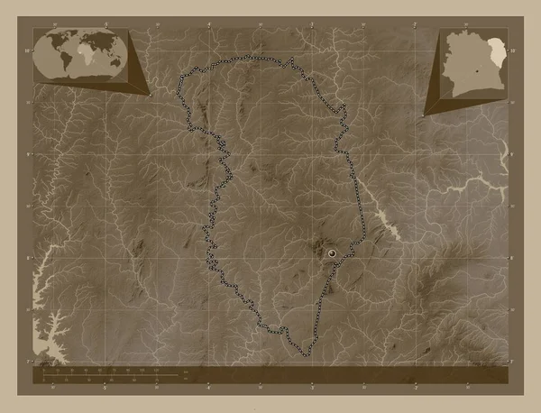 Занзан Район Кот Ивуар Карта Высоты Окрашенная Сепиевые Тона Озерами — стоковое фото