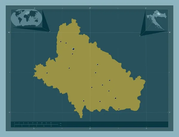 Bjelovarska Bilogorska 克罗地亚县 固体的颜色形状 该区域主要城市的所在地点 角辅助位置图 — 图库照片
