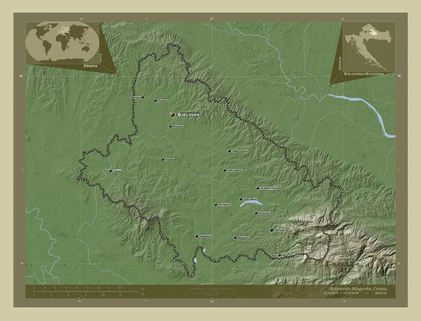 Bjelovarska Bilogorska 克罗地亚县 用Wiki风格绘制的带有湖泊和河流的高程地图 该区域主要城市的地点和名称 角辅助位置图 — 图库照片