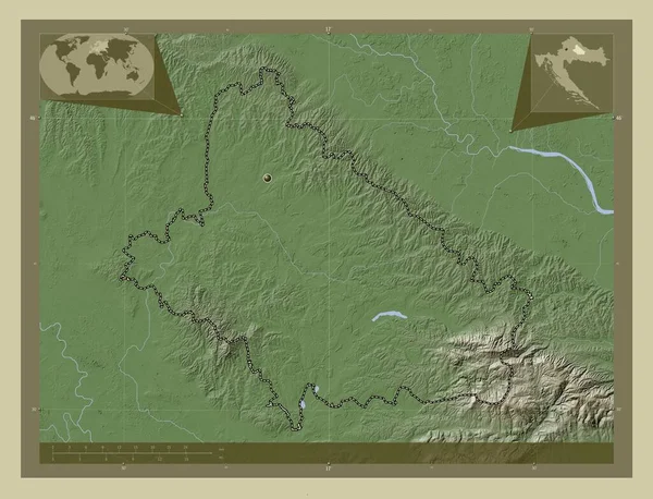 Bjelovarska Bilogorska 克罗地亚县 用Wiki风格绘制的带有湖泊和河流的高程地图 角辅助位置图 — 图库照片