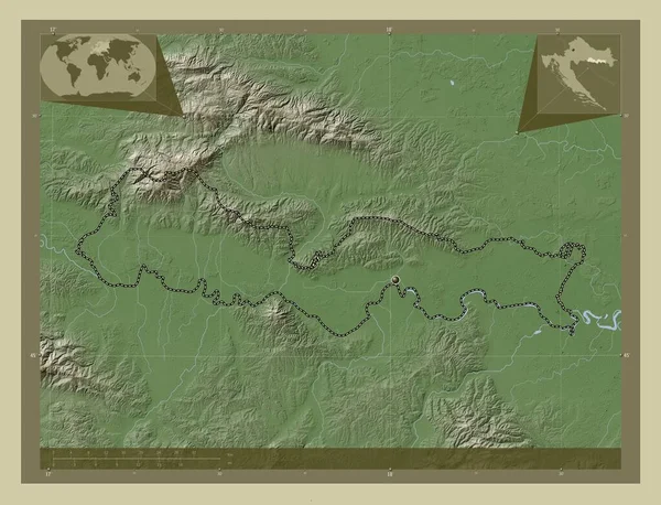 Brodsko Posavska 克罗地亚县 用Wiki风格绘制的带有湖泊和河流的高程地图 角辅助位置图 — 图库照片