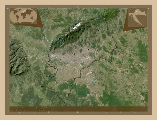克罗埃西亚市萨格勒布市低分辨率卫星地图 该区域主要城市的所在地点 角辅助位置图 — 图库照片