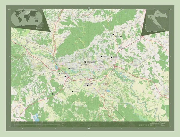 クロアチアの街 グラッド ザグレブ ストリートマップを開く 地域の主要都市の位置と名前 コーナー補助位置図 — ストック写真