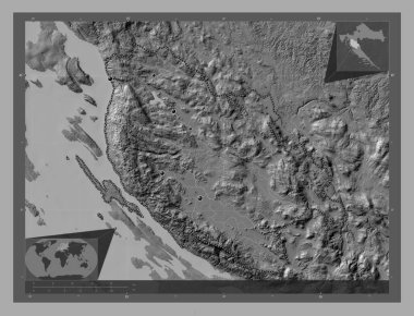 Licko-Senjska, Hırvatistan Eyaleti. Göllü ve nehirli çift katlı yükseklik haritası. Bölgenin büyük şehirlerinin yerleri. Köşedeki yedek konum haritaları