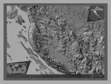 Licko-Senjska, Hırvatistan Eyaleti. Göllü ve nehirli çift katlı yükseklik haritası. Bölgenin büyük şehirlerinin yerleri ve isimleri. Köşedeki yedek konum haritaları