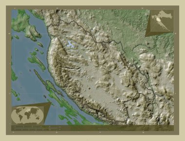 Licko-Senjska, Hırvatistan Eyaleti. Yükseklik haritası göller ve nehirlerle wiki tarzında renklendirilmiş. Köşedeki yedek konum haritaları