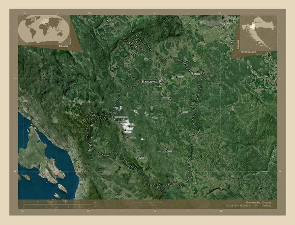 クロアチア共和国のカルロヴァッカ県 高解像度衛星地図 地域の主要都市の位置と名前 コーナー補助位置図 — ストック写真