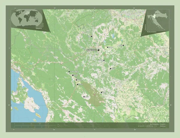 クロアチア共和国のカルロヴァッカ県 ストリートマップを開く 地域の主要都市の位置と名前 コーナー補助位置図 — ストック写真