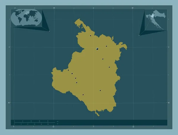 Karlovacka 克罗地亚县 固体的颜色形状 该区域主要城市的所在地点 角辅助位置图 — 图库照片