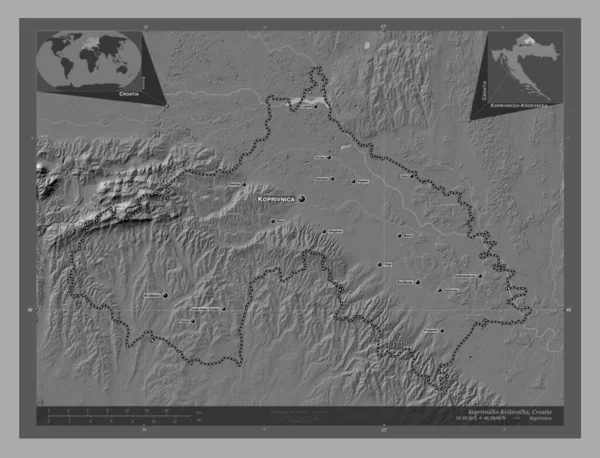 Koprivnicko Krizevacka Okręg Chorwacji Dwupoziomowa Mapa Jeziorami Rzekami Lokalizacje Nazwy — Zdjęcie stockowe