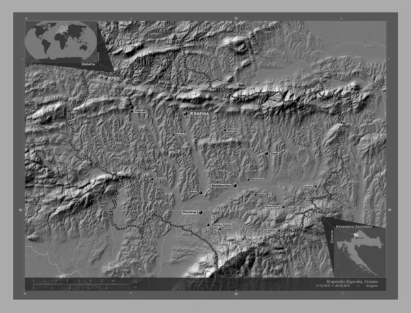 Krapinsko Zagorska Provincie Kroatië Hoogteplattegrond Met Meren Rivieren Locaties Namen — Stockfoto