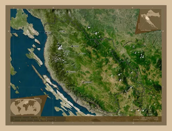 クロアチア共和国のリコ センジェスカ県 低解像度衛星地図 地域の主要都市の位置と名前 コーナー補助位置図 — ストック写真
