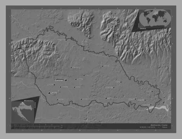 Medimurska Okręg Chorwacji Dwupoziomowa Mapa Jeziorami Rzekami Lokalizacje Nazwy Głównych — Zdjęcie stockowe