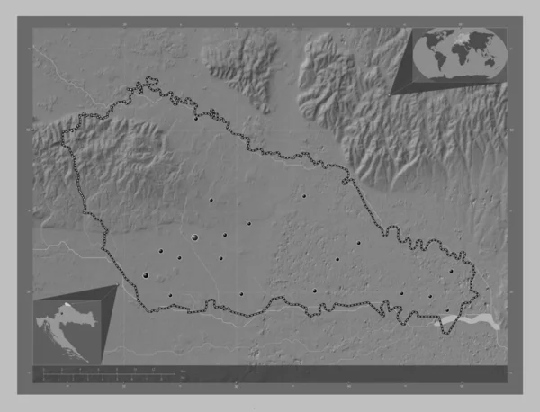 クロアチアの郡メディムルカ 湖や川とグレースケールの標高マップ 地域の主要都市の場所 コーナー補助位置図 — ストック写真