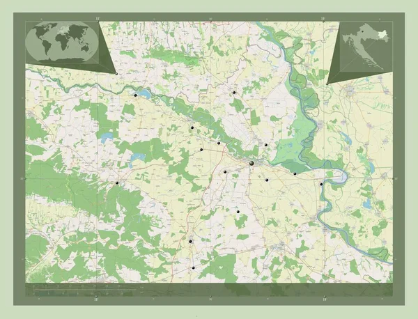 オジェコ バランスカ クロアチアの郡 ストリートマップを開く 地域の主要都市の場所 コーナー補助位置図 — ストック写真