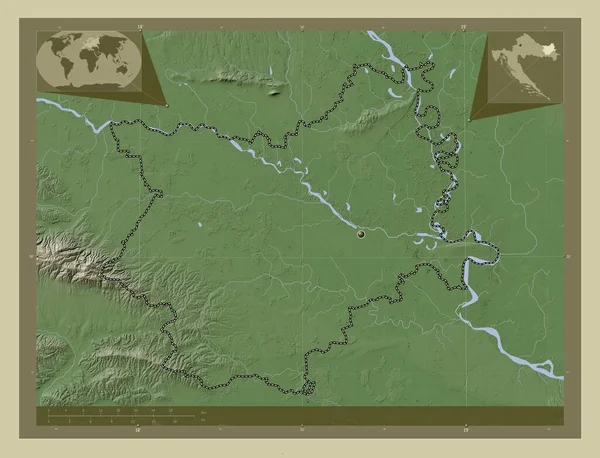 Osjecko Baranjska 克罗地亚县 用Wiki风格绘制的带有湖泊和河流的高程地图 角辅助位置图 — 图库照片