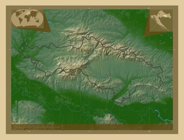 Pozesko-Slavonska, county of Croatia. Colored elevation map with lakes and rivers. Corner auxiliary location maps