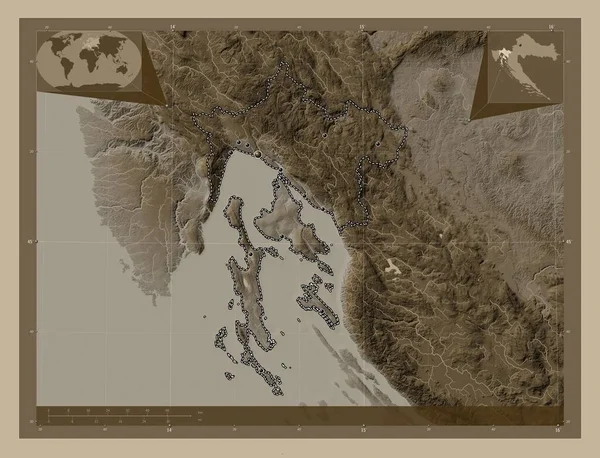 Приморско Горанская Область Хорватия Карта Высоты Окрашенная Сепиевые Тона Озерами — стоковое фото