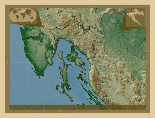 Primorsko Goranska Provincie Kroatië Gekleurde Hoogtekaart Met Meren Rivieren Hulplocatiekaarten — Stockfoto