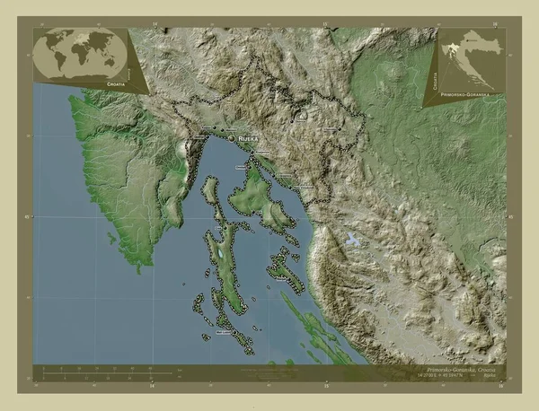 Primorsko Goranska 克罗地亚县 用Wiki风格绘制的带有湖泊和河流的高程地图 该区域主要城市的地点和名称 角辅助位置图 — 图库照片