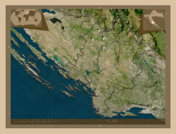 シベンコ クニンスカ クロアチアの郡 低解像度衛星地図 地域の主要都市の場所 コーナー補助位置図 — ストック写真
