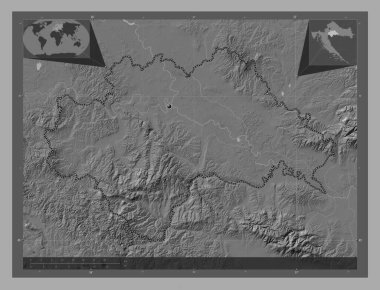 Hırvatistan 'ın Sisacko-Moslavacka ilçesi. Göllü ve nehirli çift katlı yükseklik haritası. Köşedeki yedek konum haritaları