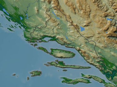 Splitsko-Dalmatinska, Hırvatistan ilçesi. Gölleri ve nehirleri olan renkli yükseklik haritası
